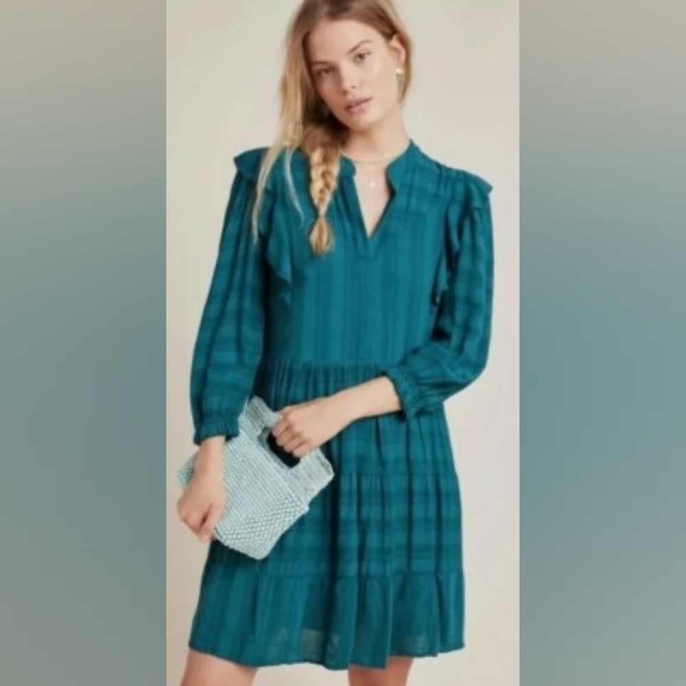 Amadi Anthropologie Green Teal Tiered Mini Dress Size Medium